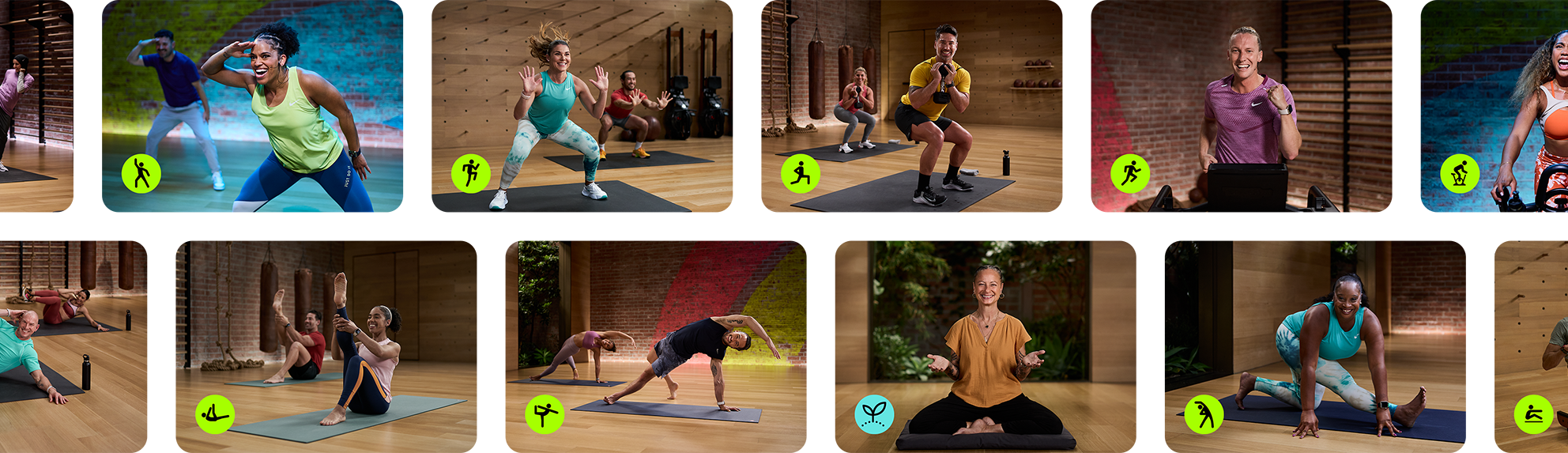 Two rows of inline tiles showing Fitness+ workouts with icons for the various workout types Two rows of inline tiles showing Fitness+ workouts with icons for the various workout types