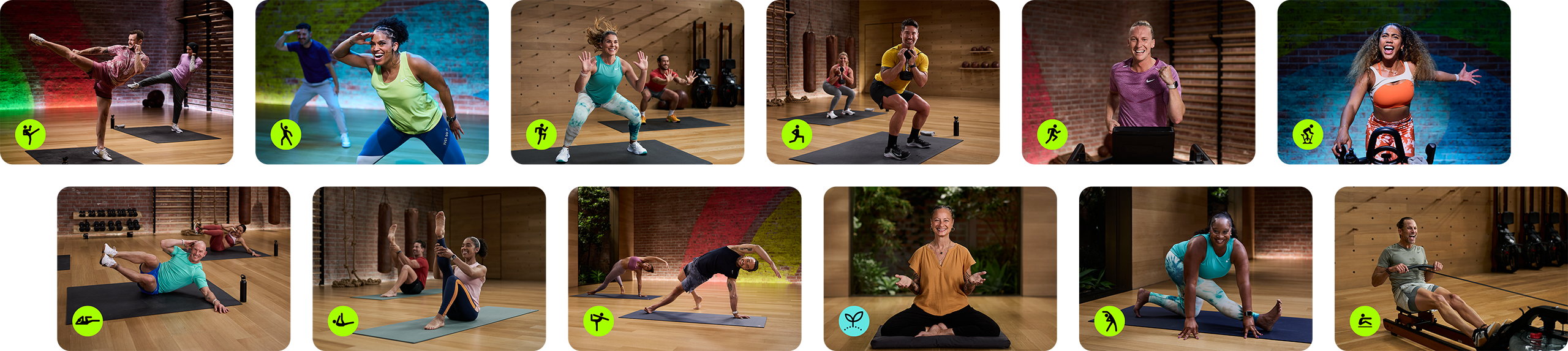 Two rows of inline tiles showing Fitness+ workouts with icons for the various workout types Two rows of inline tiles showing Fitness+ workouts with icons for the various workout types